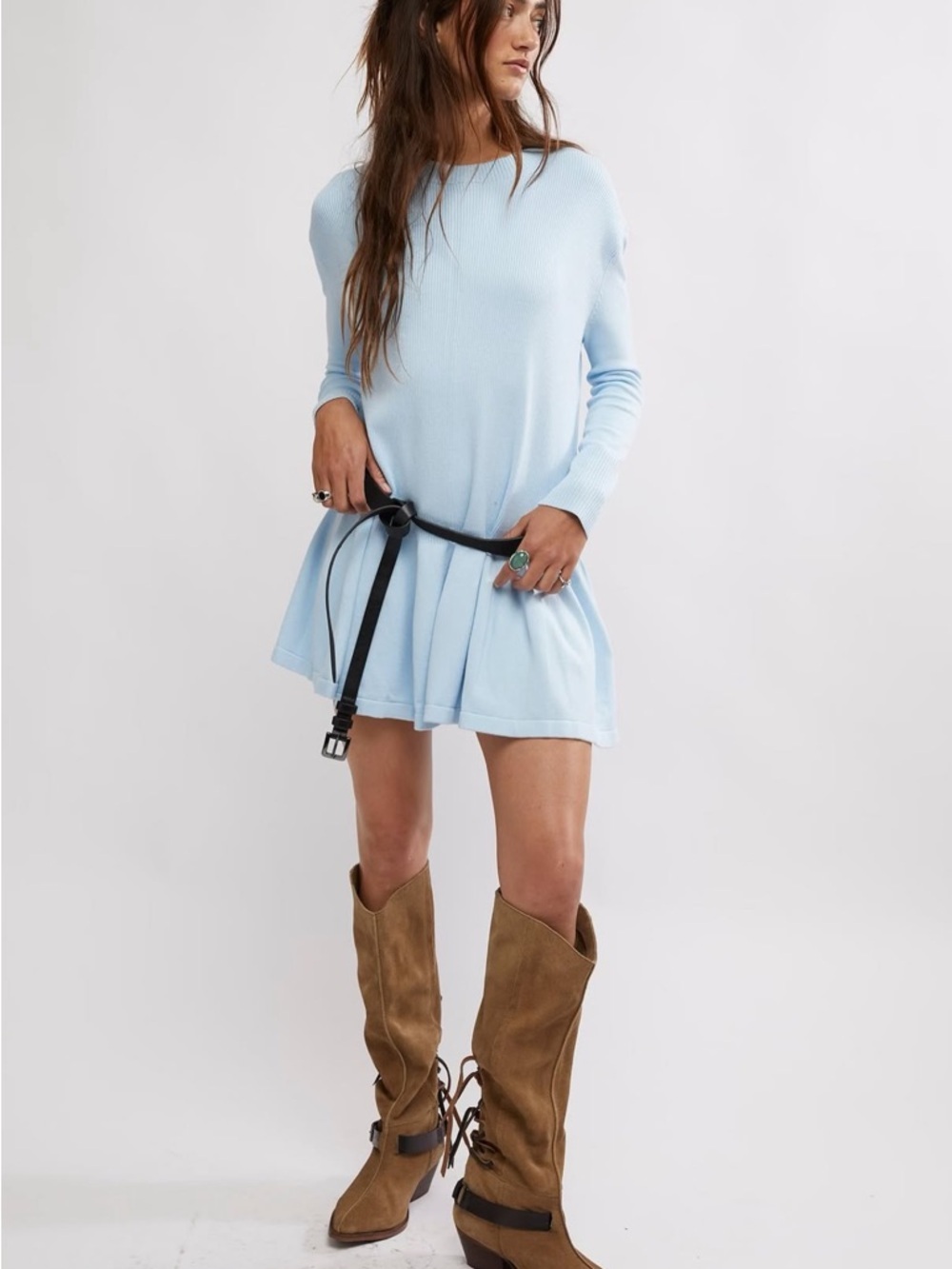 Free People Time On My Side Ice Water Blue Knit Mini Dress